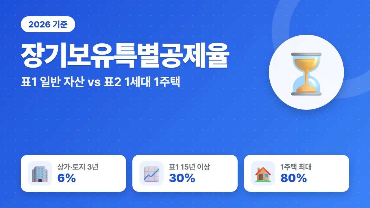 장기보유특별공제율 표1 보유 3년 6% 15년 30%와 표2 1세대 1주택 최대 80% 요약